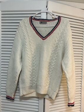 Vintage Handmade Cable Knit Cricket Sweater - Ivory/Navy/Red
